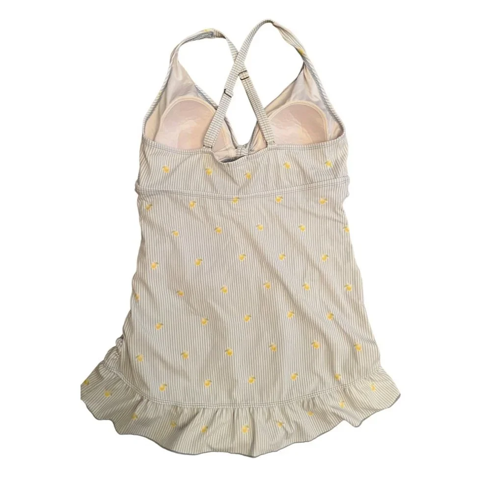 Crown & Ivy Womens 1 Piece Bathing Suit L White Blue Striped Yellow Floral Ruffl - Picture 2 of 5